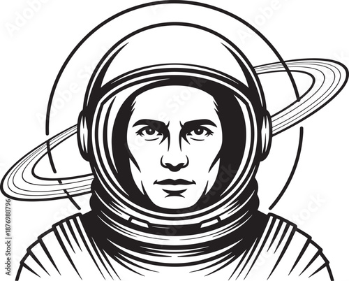 Astronaut in space suit with planet ring helmet illustration