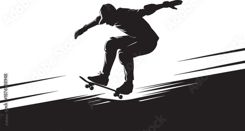 Skateboarder in motion silhouette performing trick on skateboard with motion blur on white background