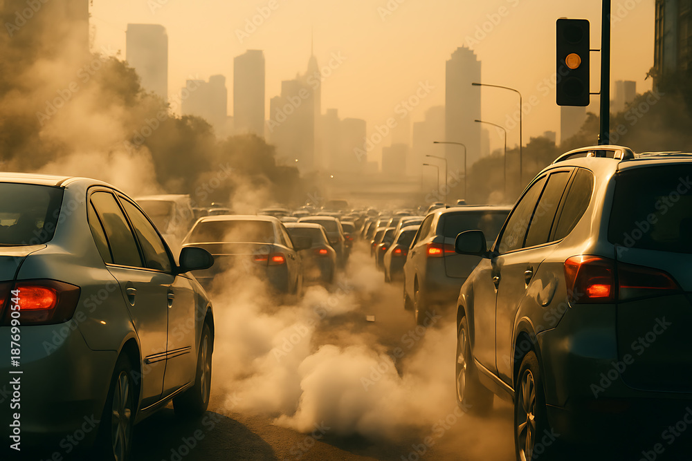Obraz premium Heavy traffic with cars emitting exhaust fumes causing air pollution and smog in urban city environment during rush hour congestion