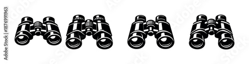 Set of binoculars vector icons. flat monochrome optics symbols. exploration tools.