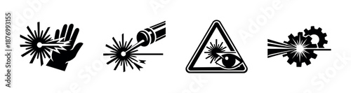 Laser hazard vector icons set, safety symbols, caution signs, warning graphics