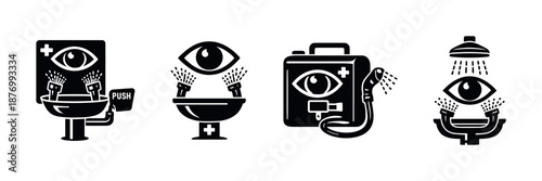 Eye wash station vector icons set – safety, emergency, wash symbols