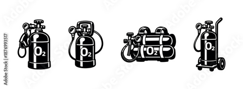 Oxygen tank vector icons set: oxygen cylinder and tank icons collection