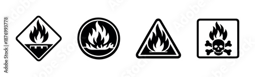 Flammable and hazardous signs vector icons set - warning, safety symbols, alerts