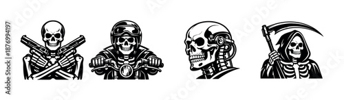 Skull vector icons set: biker, robot, grim reaper, skeleton symbols
