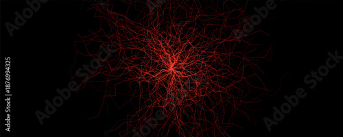 Cyber security neural network medical background with glowing red lines on dark black space. Digital networks backdrop for tech presentations, data banners, hacking, AI concepts. Vector illustration.