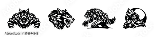 Cyber wolf vector icons set: robotic wolf, futuristic design, mechanical style