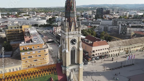 Aerial view of european city with architecture buildings and streets. Central square of small town cityscape, top view. Novi Sad, Serbia