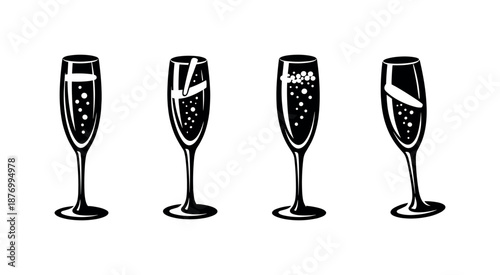 Champagne glass vector icons set with bubbly drink symbols in black and white art