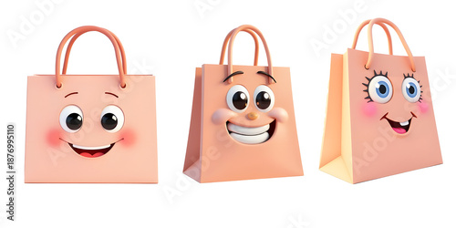 Wallpaper Mural Set of Three Cute 3D Shopping Bag Characters with Happy Expressions for Retail and Sales Promotion Torontodigital.ca
