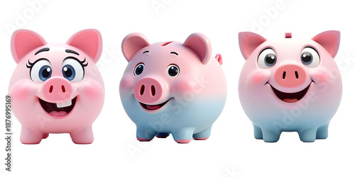 Wallpaper Mural Collection of Three Cute 3D Piggy Bank Characters in Pink and Blue for Savings and Finance Concepts Torontodigital.ca