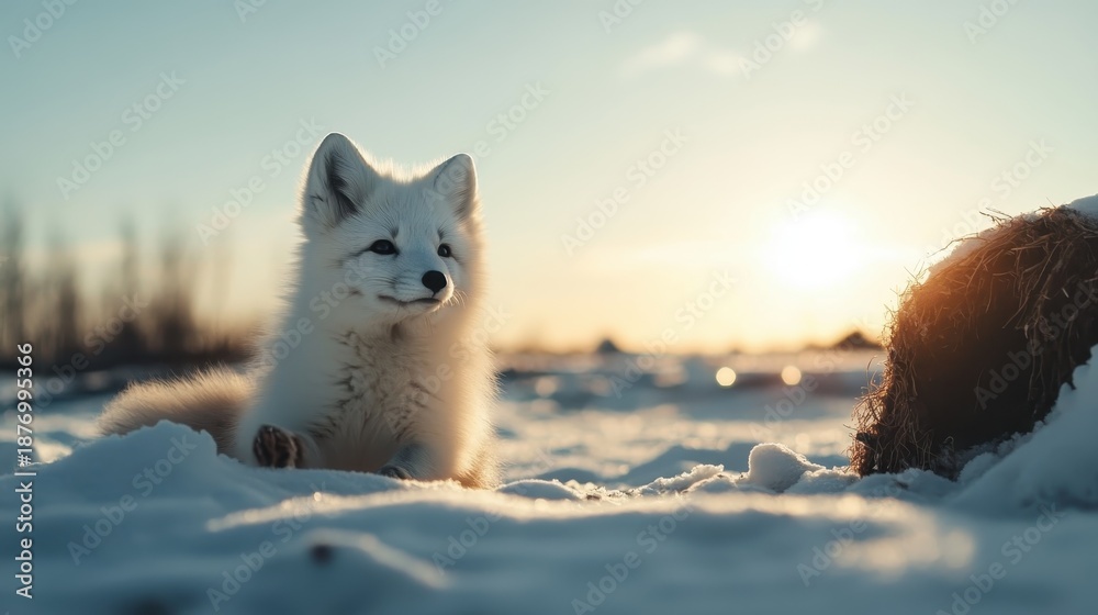 Fototapeta premium A playful arctic fox sits gracefully on the snowy terrain, illuminated by the warm glow of the sunset in the background, capturing the enchanting beauty of winter wildlife.