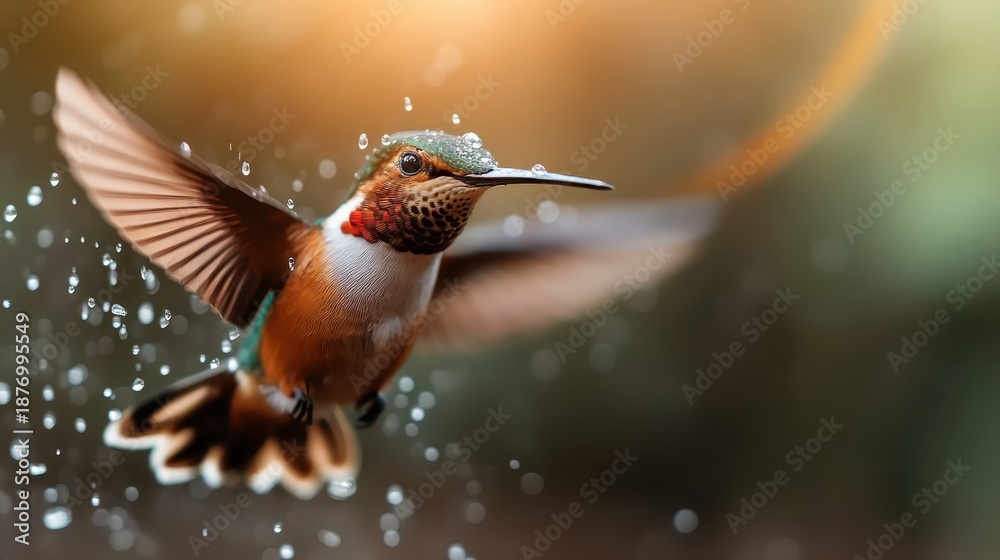 Fototapeta premium An exquisite close-up of a hummingbird in mid-flight with water droplets surrounding it, illustrating the beauty of nature, agility, and the delicate balance of life in action.
