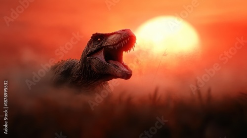 This dramatic image features a roaring dinosaur silhouetted against a fiery sunset, capturing the raw power and majesty of these ancient creatures in a prehistoric landscape.