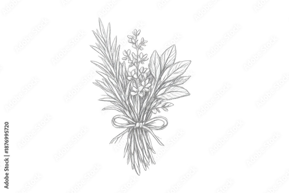 Obraz premium Herb bouquet drawing on transparent background with rosemary and sage.