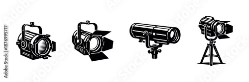 Theater and studio lighting vector icons set: spotlight and floodlight designs