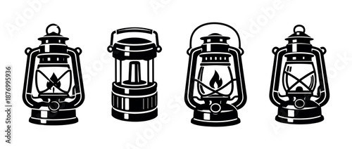 Vintage lanterns vector icons set. retro kerosene lamps. antique lighting collection.