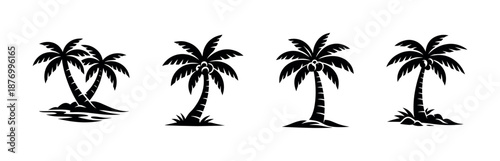 Palm trees vector icons set: coconut, silhouette, black tropical designs