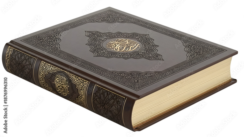 Fototapeta premium Ornate quran book with golden arabic calligraphy on a black cover with copy space