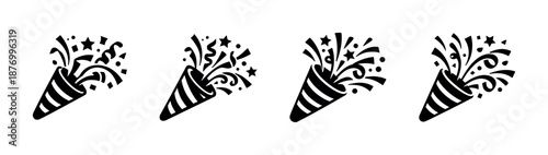 Celebration themes vector icons set with confetti poppers, festive, party symbols