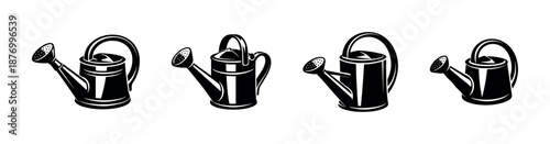 Watering can vector icons set: flat black garden tools collection for horticulture