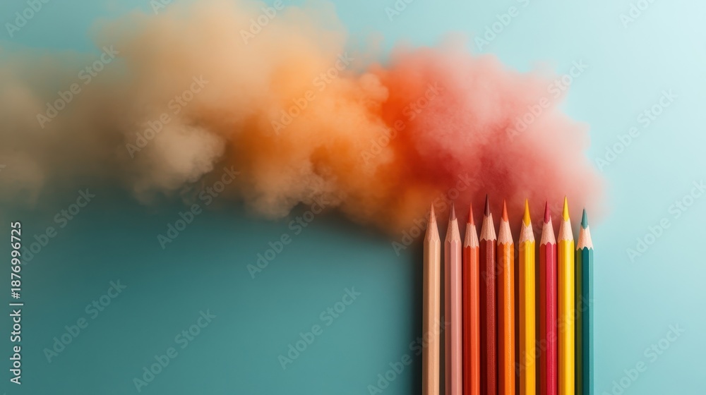 Fototapeta premium A dynamic arrangement of colorful pencils releasing vibrant dust, symbolizing creativity and artistic expression, perfect for showcasing artistic tools and imagination.