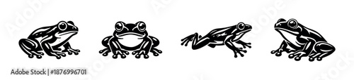Frog vector icons set. flat black amphibian graphics. frog symbols collection.