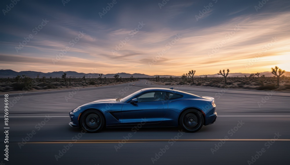 Fototapeta premium Blue high-performance sports car driving on a scenic desert road at sunset with motion blur