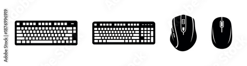 Computer keyboard and mouse vector icons set, flat style, electronic device symbols
