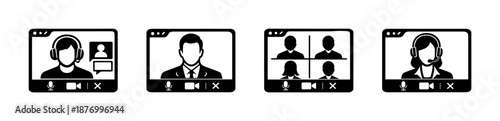 Online communication vector icons set: virtual meeting, video call, chat symbols