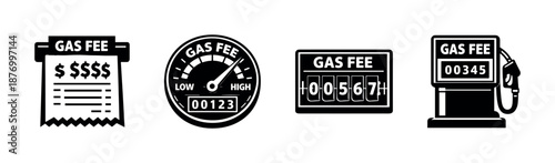 Gas fee vector icons set: symbols, gauges, and meters in flat design style