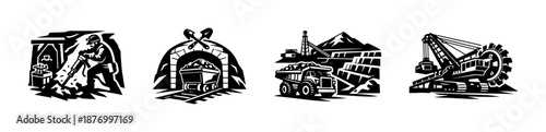 Mining industry vector icons set: extraction, quarrying, exploration symbols