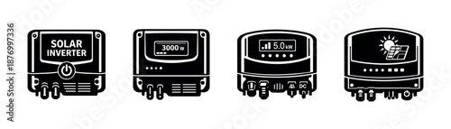 Solar inverter vector icons set: black energy devices, eco-friendly, renewable power