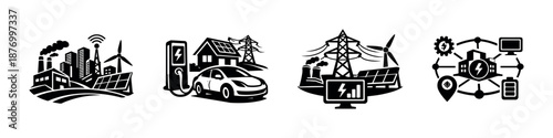 Renewable energy vector icons set: solar, wind, eco power, sustainability symbols
