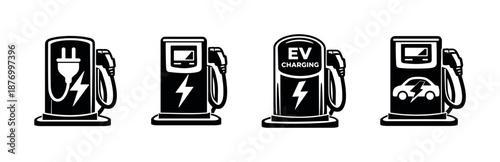 Electric vehicle charging stations vector icons set - ev, power, energy symbols