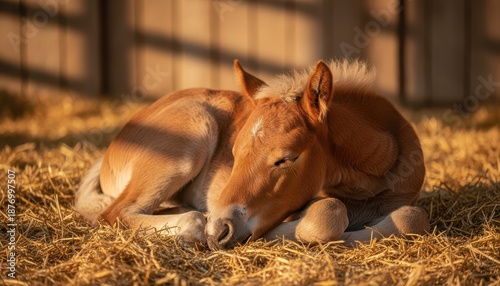 Peaceful chestnut horse foal sleeping on a bed of golden straw in a rustic sunlit stable.