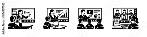 E-learning and video conference vector icons set for digital education and webinars