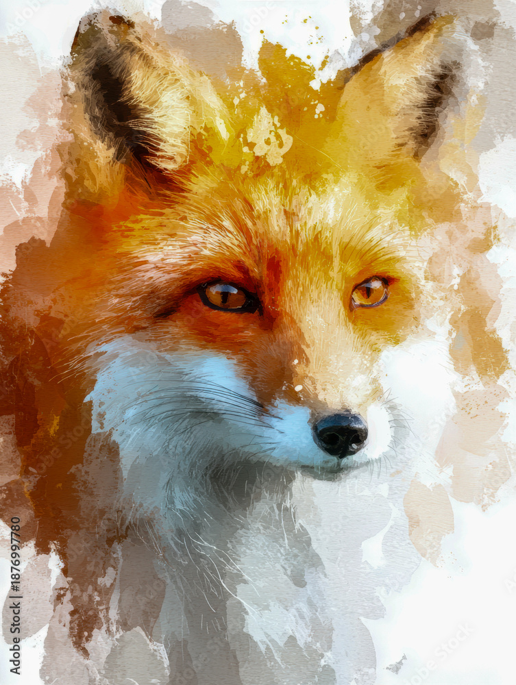 Fototapeta premium Artistic portrait of a red fox blending natural fur texture with abstract watercolor brush strokes in warm earthy tones and soft white accents