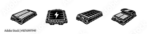 Electric car battery vector icons set: rechargeable power pack, automotive energy symbols