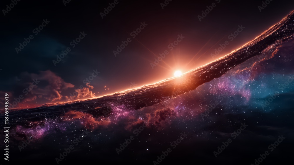 Fototapeta premium Space scene with a sun in the sky and a long, thin cloud. The sun is shining brightly, illuminating the scene