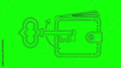 Wallet Access Key Line Icon Animation on Green Screen