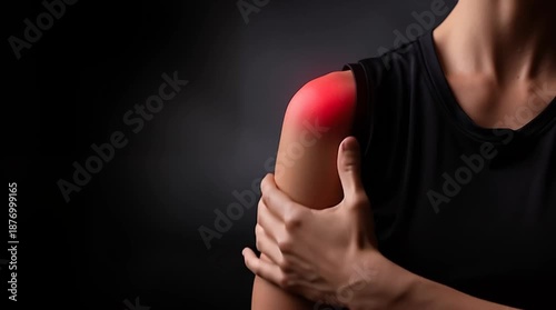 Athlete massaging sore shoulder with red pain glow on dark background showing rotator cuff strain and recovery concept