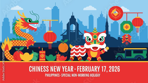 Vibrant Chinese New Year celebration in modern cityscape with dragon and lion dance