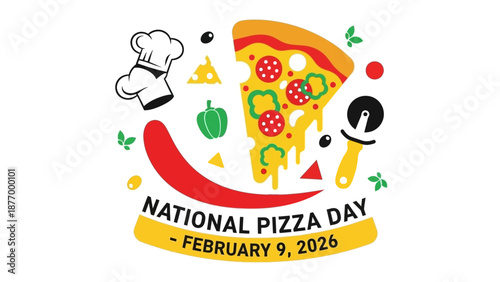 Vibrant National Pizza Day illustration with pizza slice and chef hat