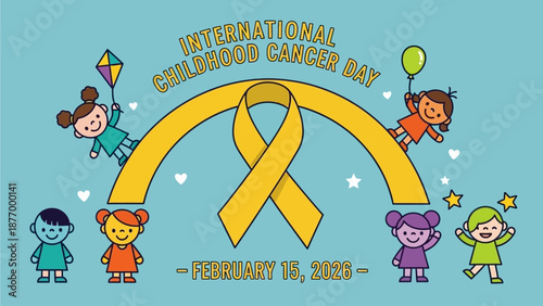 International Childhood Cancer Day awareness campaign with kids and yellow ribbon
