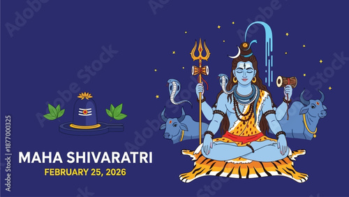 Lord Shiva sitting in yoga with bulls and shiva linga on Maha Shivaratri festival