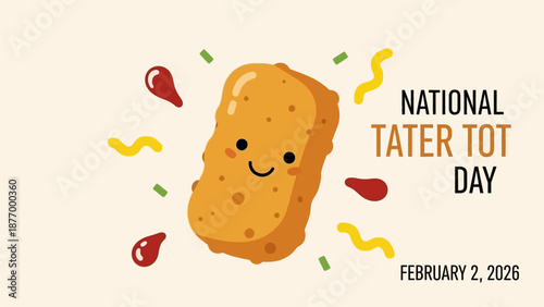 Smiling tater tot celebrating National Tater Tot Day on February 2, 2026