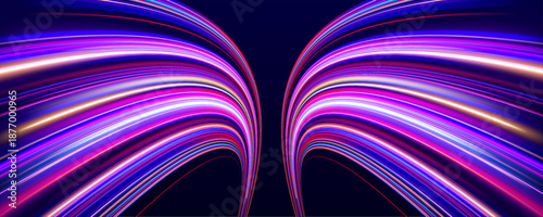 Neon light trails swirl in a futuristic night environment. Purple and blue glowing waves express speed and motion. Abstract technology design with dynamic energy flow and blur.