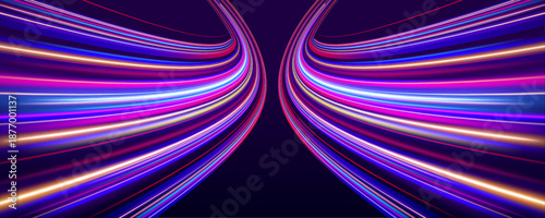 Futuristic neon light waves rush through abstract cyberspace. Glowing purple and blue lines form dynamic motion trails. High-speed energy flow creates a modern technology background.