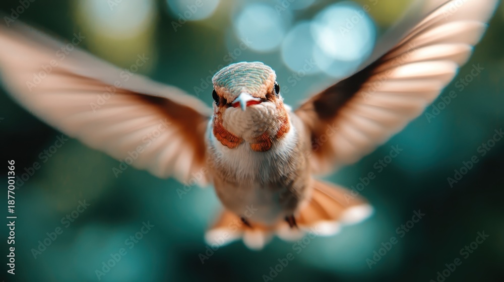 Fototapeta premium A stunning capture of a hummingbird flying gracefully, showcasing its iridescent feathers and delicate beauty, symbolizing agility and the beauty of nature.